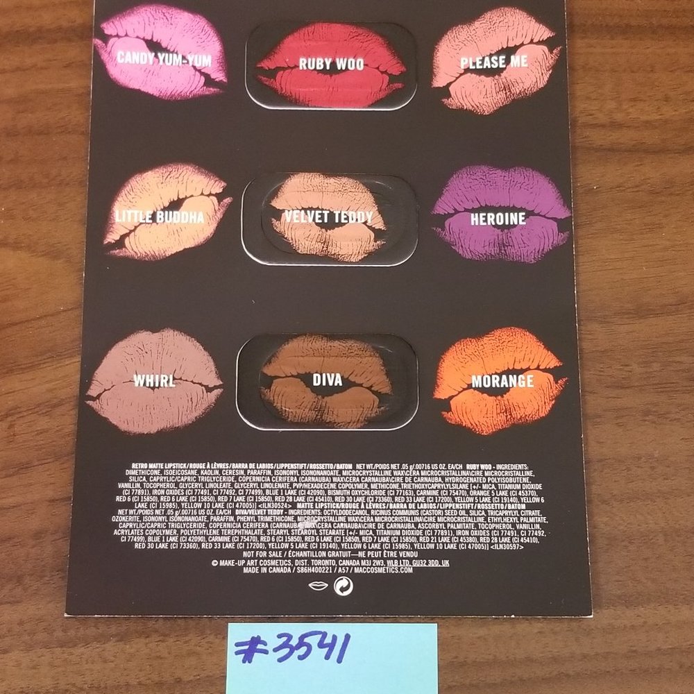 ✅#3541 MAC Lips Lips Lips Sample, 3 colors, 1 Card Ruby Woo, Velvet Teddy, Diva